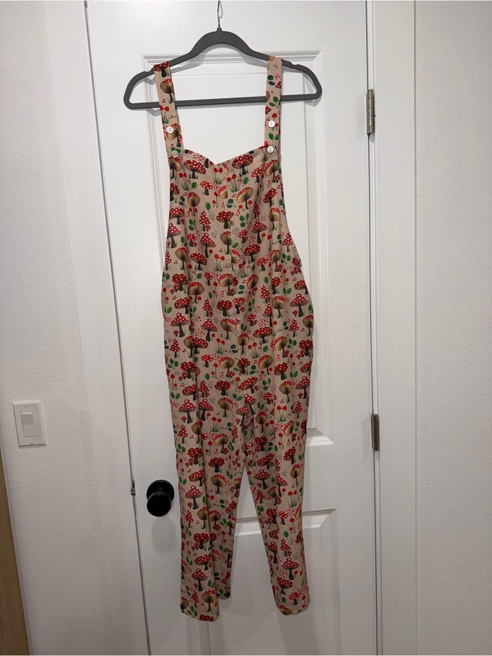 Beige Mushroom-Print Women's Overalls Jumpsuit with Red & Green Accents